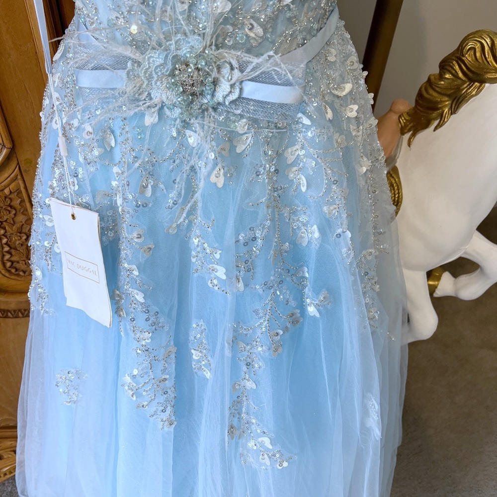 Mac Duggal [2] 20362 Embellished A Line Gown Flutter Feathers Baby Blue princess - Picture 7 of 8